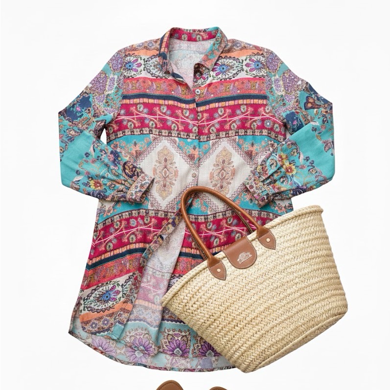 Johnny Was Meco Scarf Print Multicolor Bohemian Silk Tunic Size L Euc